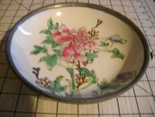Vtg Porcelain Ware Bowl 7.75” Floral Pewter Metal Covered picture