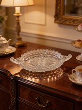 Vintage Clear Pressed Glass Divided Relish Candy Nut Dish Handled Oval Tray 12” picture