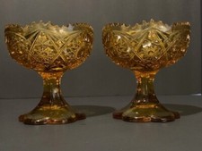 2 Kemple Wheaton Amber Glass Compote Footed Candy Dish Hobstar Sawtooth picture