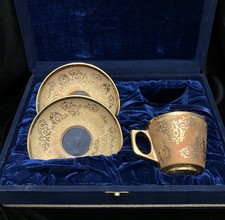 Pasabahce Turkish Gold Gilded Porcelain Demitasse Coffee Set w/ Blue Velvet Case picture