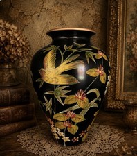 Vintage Raymond Waites Toyo Trading Black Ceramic Vase Hand Painted Floral Birds picture