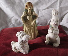 Lot of 3 pieces vintage chalkware Rabbit, Dog, Victorian lady from early 1950s picture