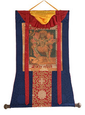 MAHAKALI HAND-PAINTED  KALI  TANTRA THANGKA - OIL VARNISHED WITH SILK BROCADE picture