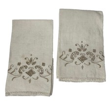 Vintage Set 2 Ecru Linen Guest Towels Cutwork Hand Embroidered Hemstitch 20x14 picture