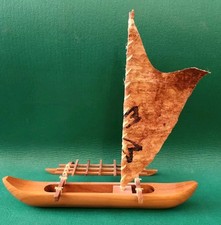 Vtg Hawaiin Koa Wood Outrigger Sailing Canoe Model Tapa Sail Hawaii Tiki Raft picture