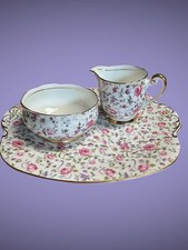 Clarence Bone China Cabbage Rose And Violet Gold Trim Cream Sugar  Pastry Tray picture