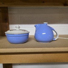 Hall Rose Parade Blue Tea Pot & Sugar Bowl Hall's Kitchenware 1259 1940s Used picture