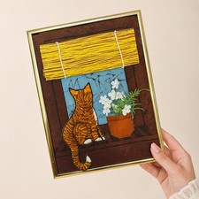 VTG 1982 Cat Window Floral Wall Art Ruth Petersen Jellema Fabric Stitched 12”x9” picture