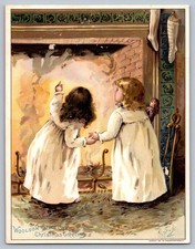Large Trade Card Woolson Spice Christmas Greeting Girls Looking Up Chimney  P249 picture