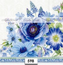 (598) TWO Paper LUNCHEON Decoupage Art Craft Napkins -  BLUE FLOWERS FLORAL picture