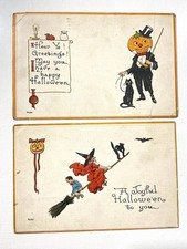 Halloween 2 Postcards Embossed S Bergman NY 1912 Witch Jack O Lantern Post 1915 picture