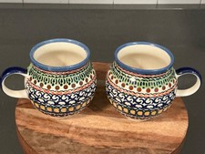 WIZA POLAND POLISH POTTERY UNIKA HANDMADE SET OF 2 BUBBLE MUGS - 12 Oz Signed picture