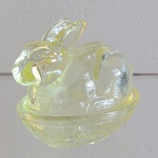 Vintage Indiana Glass Yellow Bunny on Nest Covered Candy Dish Easter Trinket Box picture