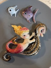 vintage   1950’s Lefton mermaid In Beret on seahorse with  2 little fish.READ picture