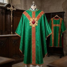 Green Gothic Chasuble with Hand Embroidered Sacred Heart Applique Low Mass Set picture
