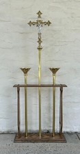 BRASS & SILVER PROCESSIONAL CROSS & PAIR OF ACOLYTE CANDLESTICKS W/ WOOD STAND picture