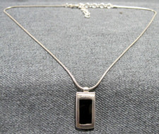 Vintage black enamel silvertone metal pendant with snake chain strap necklace picture