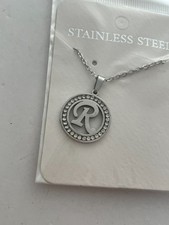 Initial R Pendant Necklace Silver Tone Rhinestone Necklace picture