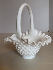 Vintage Fenton Glass White Milk Glass Hobnail Basket Ruffled Edge Curved Handle picture