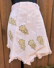 Vintage Sm 50s 60s Taffeta Pink Apron w Embroidered Gold Flower Design Lace Trim picture