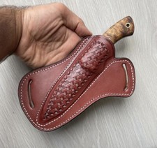 Brown LEATHER ENGRAVED PANCAKE Fixed Blade Knife Belt Sheath Folding Tool Case picture