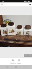 Vtg Hyalyn Pottery 4 Piece Vegetable Design Canister Set USA Made Wooden Lids picture