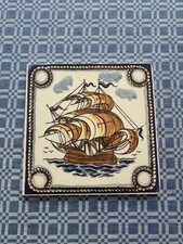 Vintage Outeiro Augueda Hand Painted Portugal Ship Tile Trivet 6
