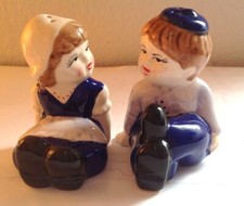 Vintage Dutch Boy Girl Sitting Couple Salt & Pepper Shakers picture