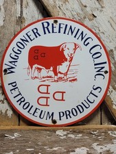 VINTAGE WAGGONER REFINING CO PORCELAIN SIGN RODEO GAS OIL CATTLE COW RANCH STEER picture