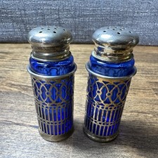 Vintage Cobalt Blue and Silver-plate Salt and Pepper Shaker Set picture