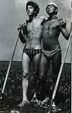Shirtless affectionate Handsome young men couple hug in love beach gay vtg photo picture