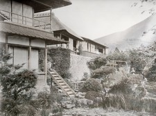 Japan Traditional House Thatched Roof Garden Pond Mountain Vtg. Photo 19thC. picture