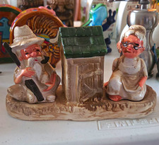 Vintage Ceramic Novelty Salt & Pepper Shakers Set 3pc Farmers Outhouse Stand picture