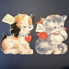 Vintage 1940s 50s Lot of 2 Hallmark Cards Valentines Cat Kitten Dog Puppy READ picture