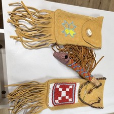 Native American Style Beaded Pipe Bag Suede Fringe Pouch Catlinite Peace Pipe picture