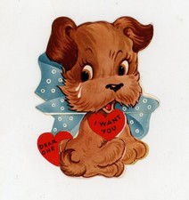 Vintage Ephemera Valentine Greeting Card Die Cut Dog Folded Want you 3.5 x 4.5 picture
