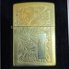 Zippo Brushed Brass Floral Scroll Engraved Lighter w/ Zippo Tin Case picture