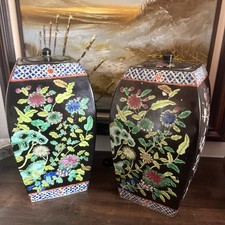 Pair of Vintage Famille Noire Ginger Jars with Lids | Chinoiserie Temple Jars picture