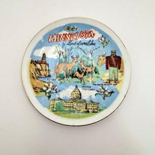 Vintage Minnesota Souvenir Trinket Dish Paul Bunyan Split Rock Gold Trim 4” picture