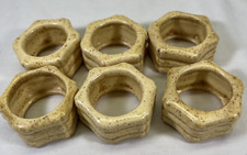 Vintage Bakelite/Catalin Hexagonal Napkin Rings Set of 6 Marbled Mustard MCM picture