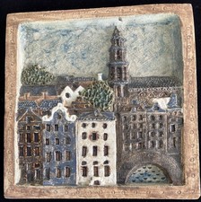 Gamla Stan (old town) high relief glaze stoneware Scandinavian tile wall plaque picture