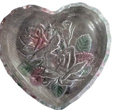 Heart Shaped Dish With Etched Roses Colored 6 inch Decorative Trinket Vintage picture
