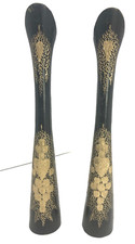 Set of 2 Vtg Solid Brass Black Gold Hand Etched Flower Design Vases 9.5 inch picture