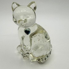 Lefton Solid Clear Art Glass Cat Figure Aquamarine Heart March Birthstone Gem picture