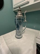 Egermann Czech Republic Etched Glass Beer Stein with Pewter Lid picture
