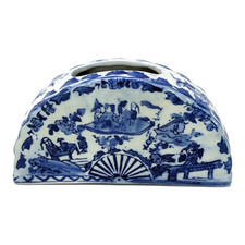 Chinoiserie Blue and White Ceramic Fan Vase Oriental Scenery - 6.5