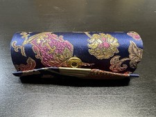 Vintage Hasi Hato Lipstick Case Mirror Blue Gold Brocade Red Satin Japan picture