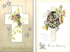 2~ca1910's Embossed HOLIDAY Postcards EASTER GREETINGS Crosses~Violets~Flowers picture