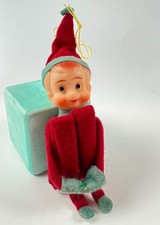 Vintage JAPAN Knee Hugger Pixie Elf Shelf Sitter Christmas Ornament red Small picture