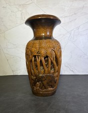 Vintage Hand Carved Wood Elephant Vase 10” Thai Jungle Scene 3D Openwork picture